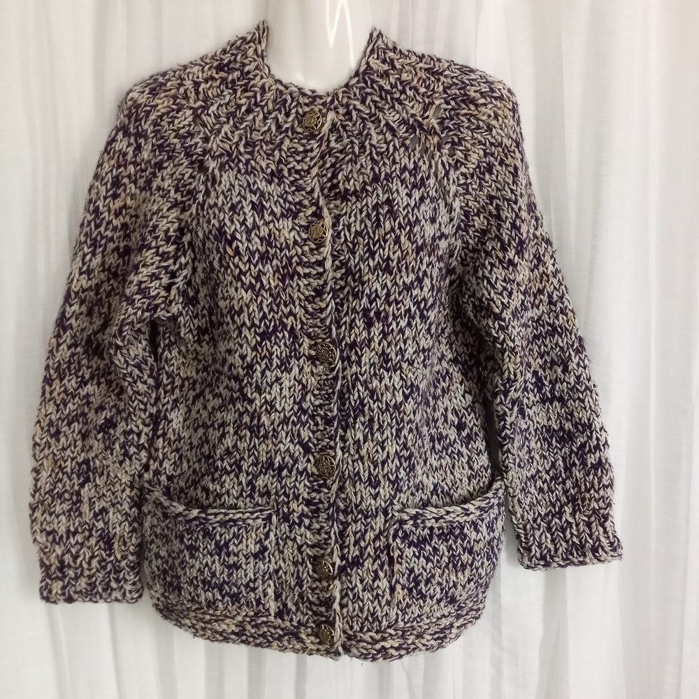 Hand Knit Cardigan Sweater Purple Tan Gold Ribbon SZ M Buttons Patch Pockets